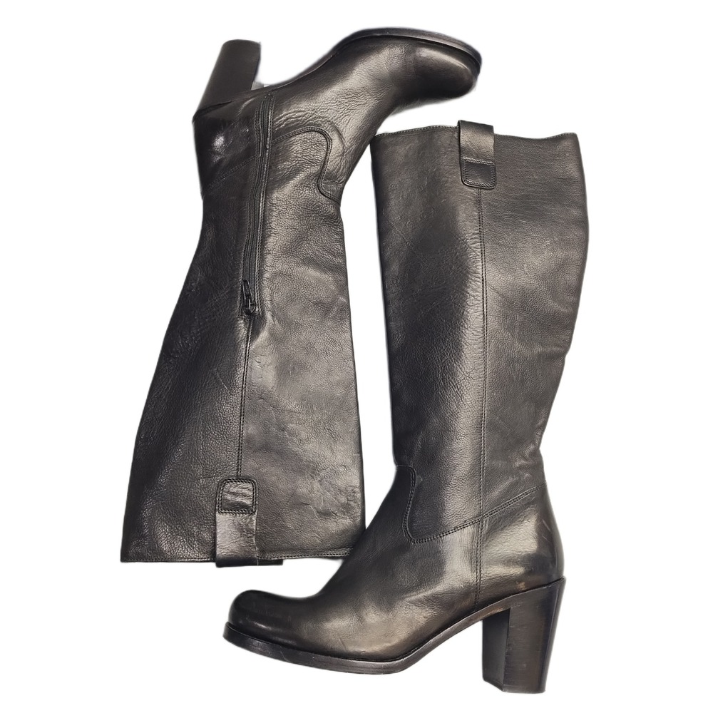 Vero Cuoio Knee-High Boots Womens Size 9 Black Round Toe Block Heel Side Zip
